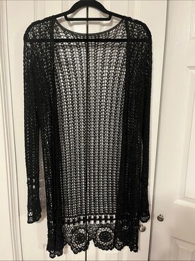 Black Crochet Open-Knit Long Cardigan